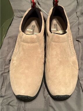 Merrell Men's Slip-On Suede Loafers in Beige. Wide width.